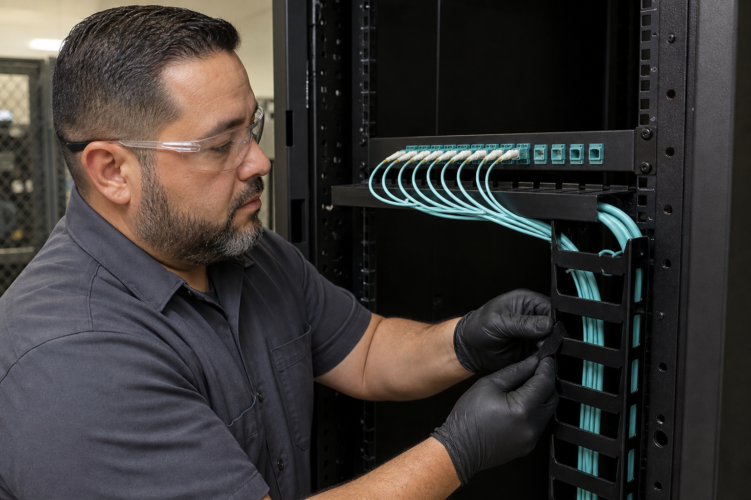 Technician dressing fiber patch cords through rack cable managers