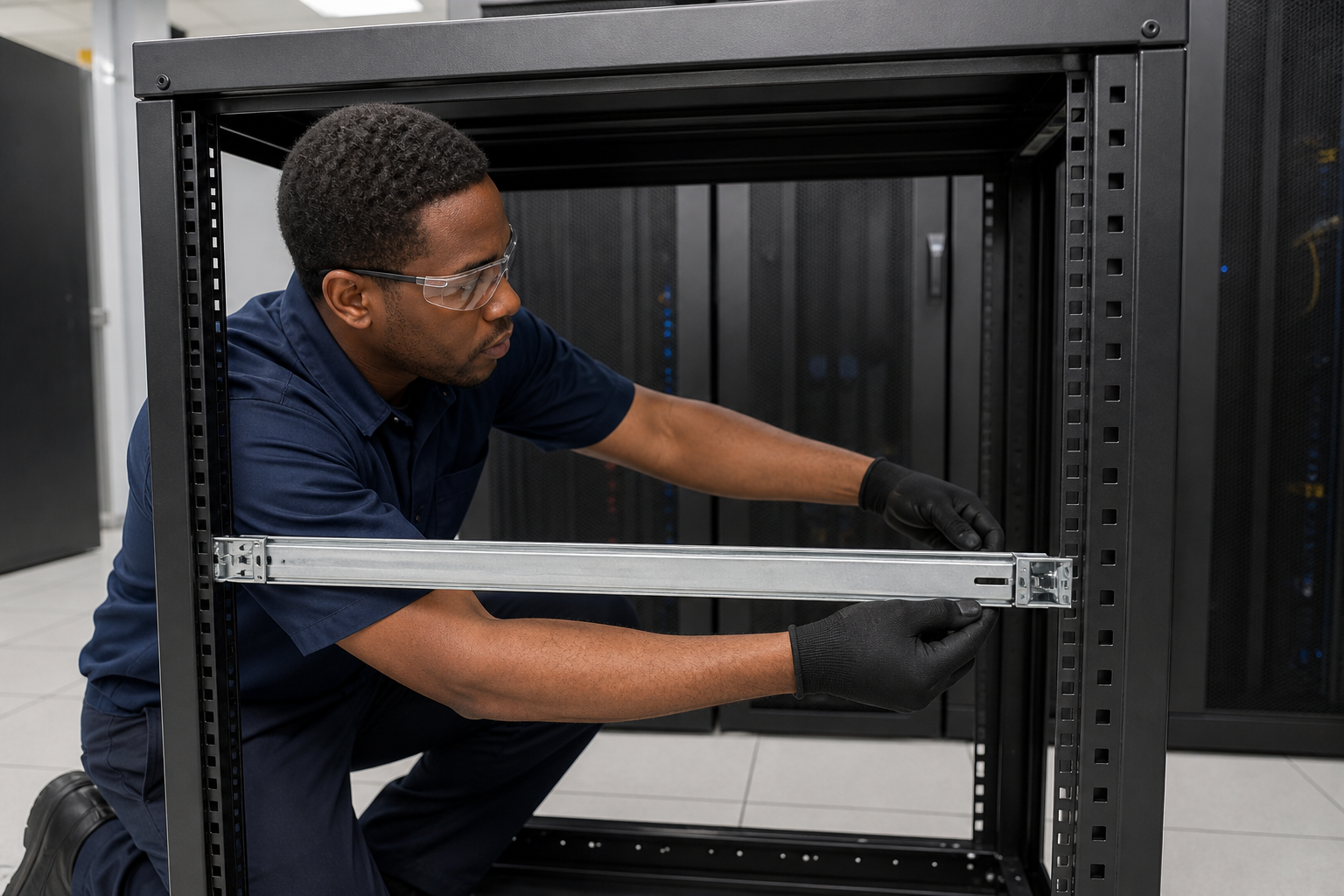 Technician installing a server rail between equipment-rack posts