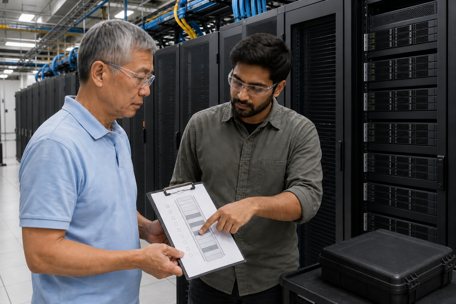 Working lead and technician reviewing a rack elevation beside equipment